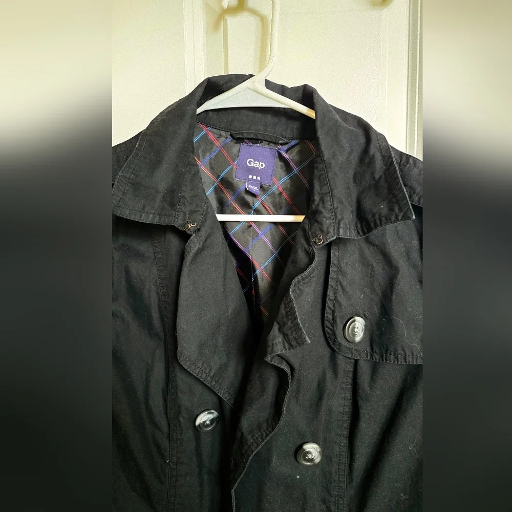 Gap Black Double Breasted Trench Coat Mid Length Lightweight Classic Chic Small